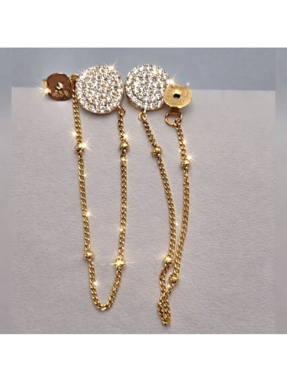 Gold Drop Chain Earrings Pavé Diamond Disc Stud 925 Sterling